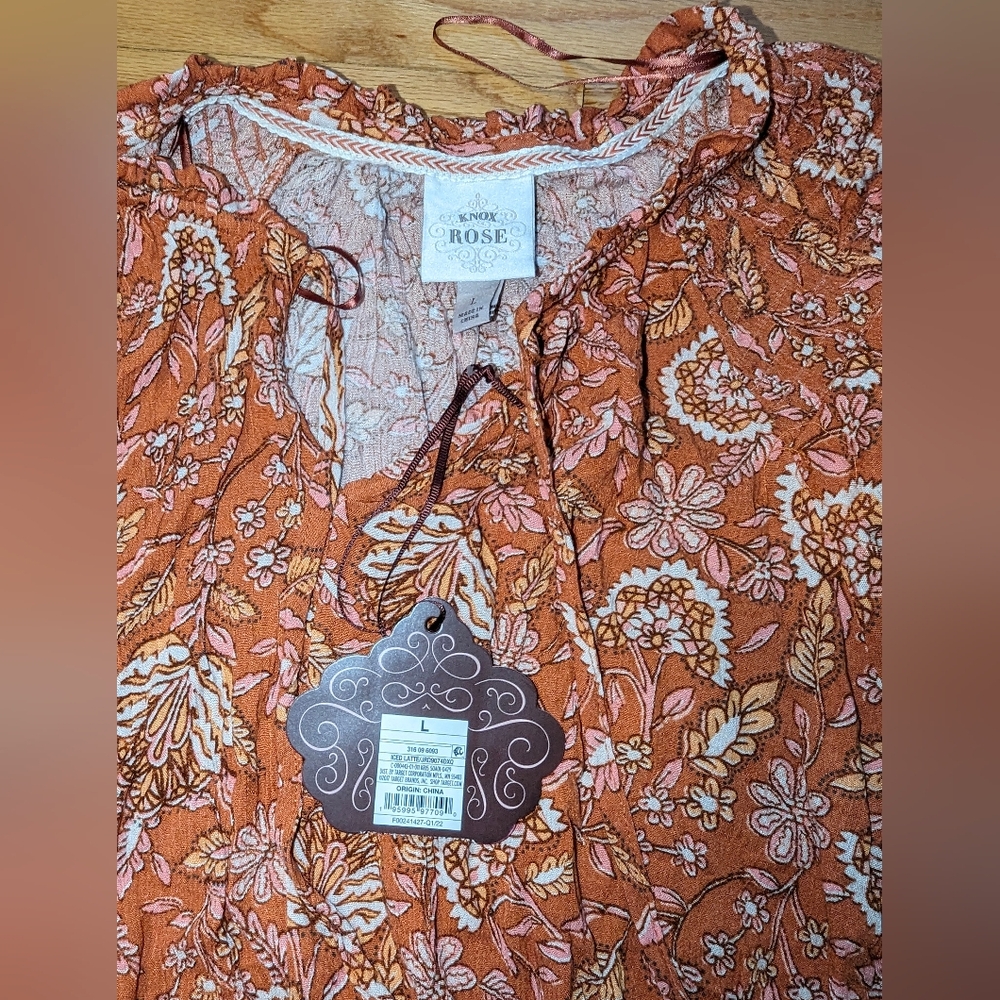 LARGE Iced Latte Flutter Short Sleeve Smocked Dress Pockets Knox Rose Floral - Picture 5 of 10